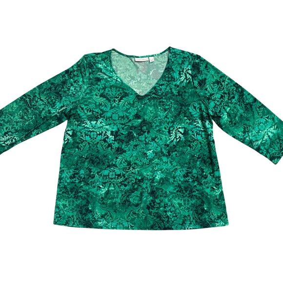 Susan Graver Green VNeck Top Women’s XL Long Sleeve Floral Pattern - Picture 1 of 4